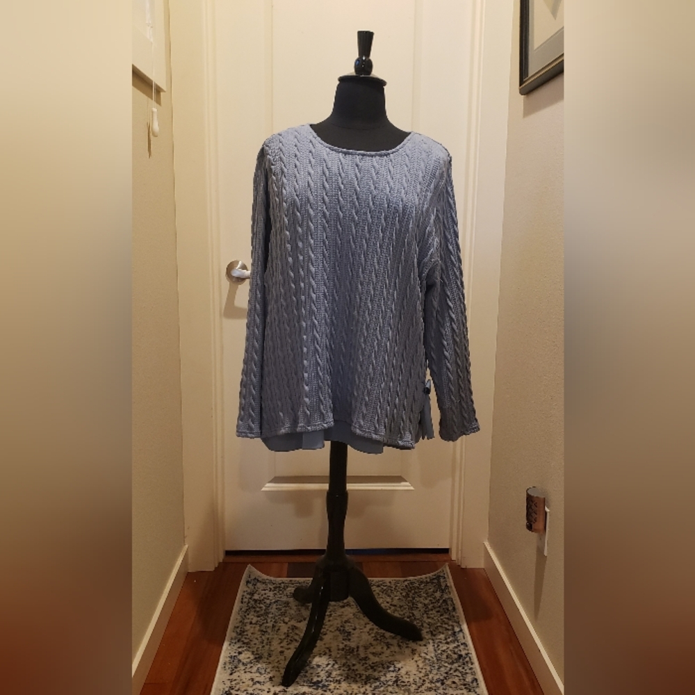 Suzanne Betro Long Length Layered Lined Blue Cable Knit Sweater